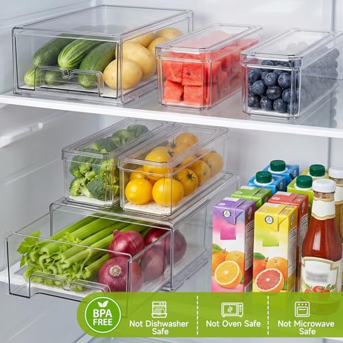 YKIOKE Transparent 6-Pack Fridge Organizer Bins with Drain Trays - Space-Saving, BPA-Free Stackable Food Storage