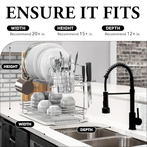 Stainless Steel Dish Rack with Drainboard and Cutlery Basket - Chrome - 2-Tier