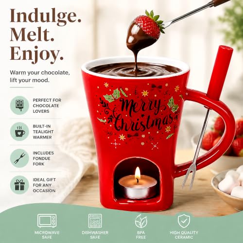 Umcnoi Red Chocolate Fondue Mug Set - Ceramic Fondue Cup, Tea Light Warmer