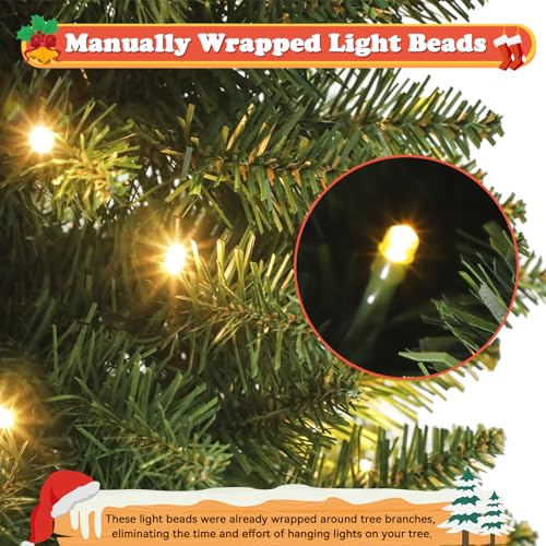 Kungfuking 7ft Green Artificial Christmas Tree Pre-Lit with Warm Lights - Slim Xmas Tree
