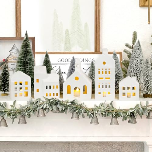Christmas Village Set with 5 Lighted Ceramic Houses & 9 Mini Trees - Farmhouse Holiday Decor