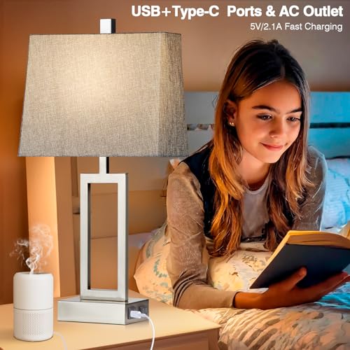 23.5-Inch Silver Touch Control Table Lamps Set of 2 with USB & Power Outlet