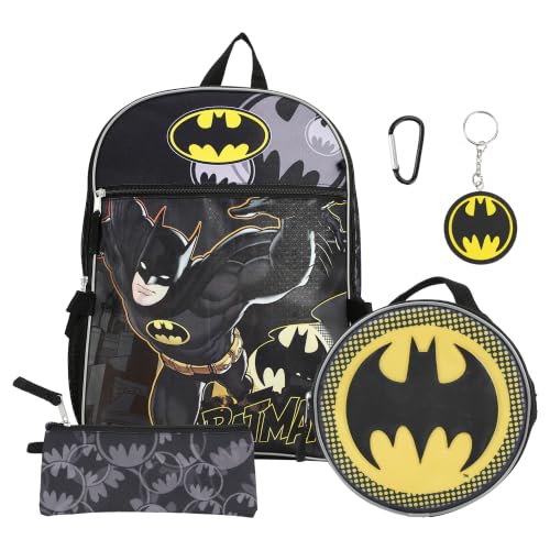 Grey Batman Symbol Backpack Accessory Set for Boys - 5-Piece with Lunch Kit & Keychain