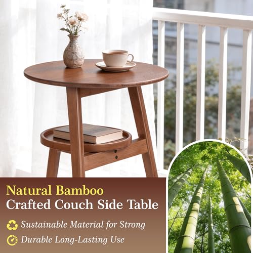 VELOHEIM Brown 2-Tier Round Bamboo Mid-Century End Table - Rustic Modern Side Table