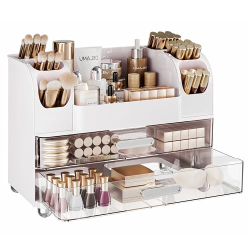 Delamu White Makeup Organizer Countertop with 6 Brush Holders — Large Vanity Storage