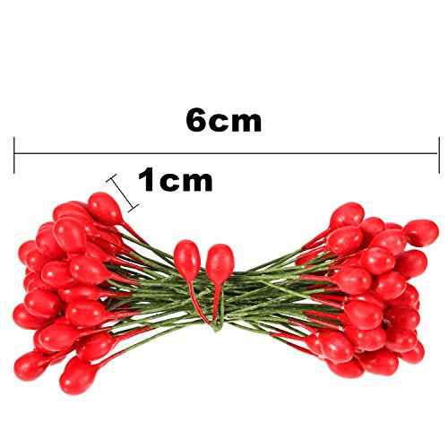 BBTO 300 Pcs Artificial Holly Christmas Fake Berries on 150 Wire Stems Berries Branches Stems Decor for Christmas Tree Decoration Wreath DIY Crafts Use Wedding Home Xmas Party Favor(Red)
