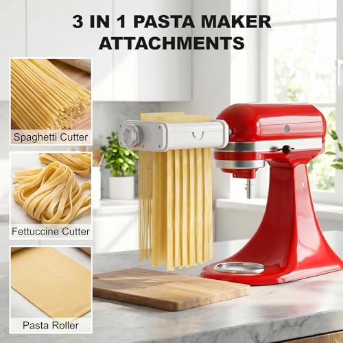 3-in-1 Pasta Maker Attachment for KitchenAid Stand Mixer - Fettuccine & Spaghetti Cutter, Adjustable Thickness