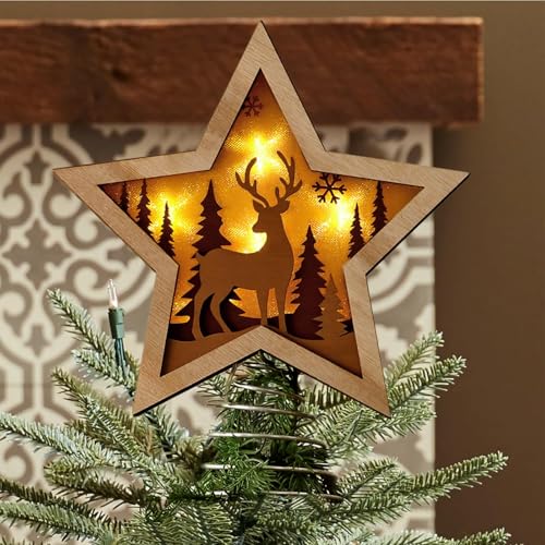Christmas Star Tree Topper, Rustic Reindeer Wooden Toppers with Warm