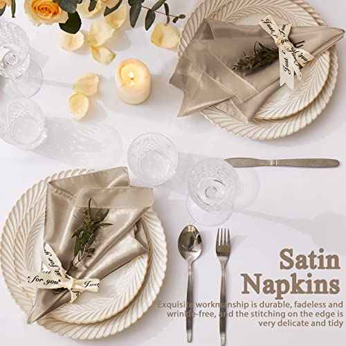 12 Pack Satin Table Cloth Napkins, 17x17 Inch Taupe Silky Wedding Napkins Cloth Washable, Luxury Dining Table Cloth Napkins Set for Birthday Holiday Party Dinner Restaurant