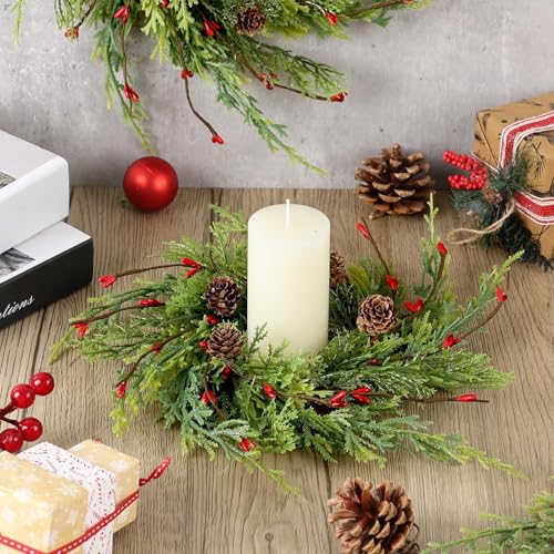 YLOLUL Cedar Artificial Christmas Candle Rings 8 Pcs, 9 Inch Wreaths with Berries & Pinecones, Winter Holiday Decor