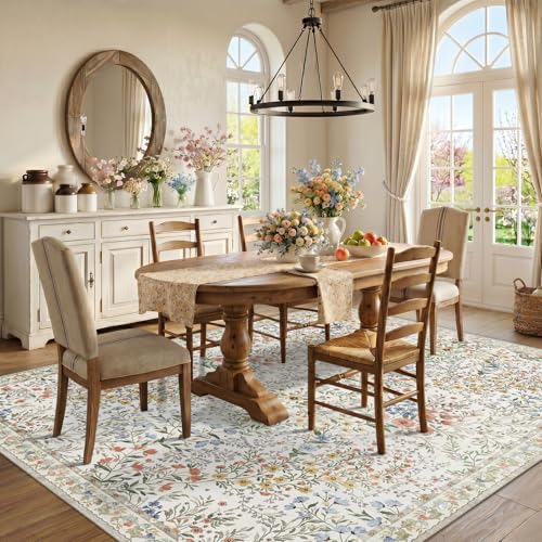 Beige Vintage Botanical Floral Rug 8x10 - Non Slip, Machine Washable, Living Room & Bedroom Carpet with Foldable Design