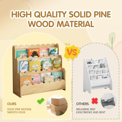 Natural 3-Tier Solid Pine Wood Bookshelf with Scalloped Edges - Montessori Style