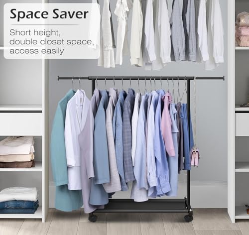 MISSLO Black Short Clothing Rack with Shelves & Wheels - Space-Saving Wardrobe, Kids & Adult Use