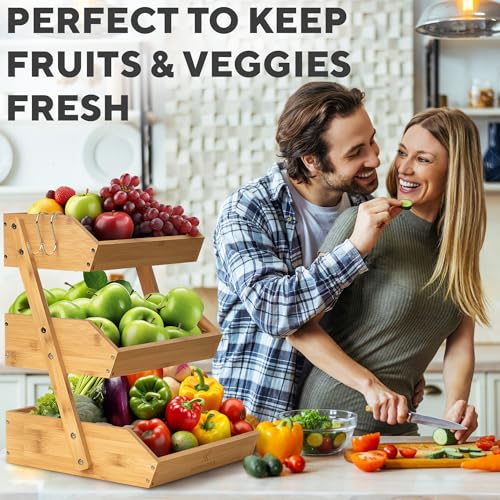 Bamboo 3-Tier Fruit Basket for Kitchen Countertop Storage - Natural & Spacious