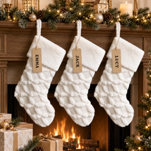 AISENO 3-Pack 20 Inch White Faux Fur Christmas Stockings with Cable Knit - Knitted Holiday Decor