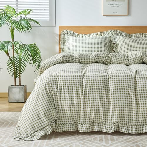 Kisswish Sage Green Queen Gingham Duvet Cover Set with Pillow Shams, Vintage Farmhouse Style