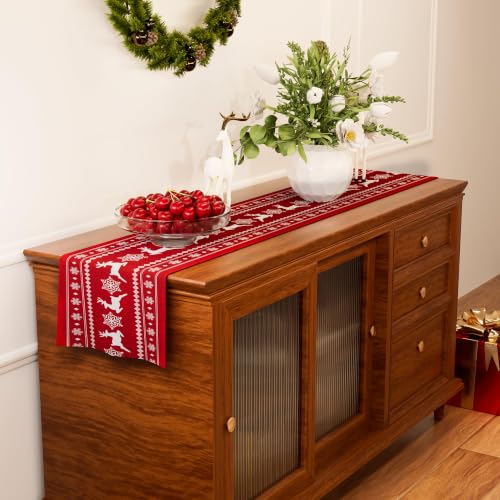 Reindeer Red Christmas Table Runner 72 Inches Long - Faux Linen Holiday Decor