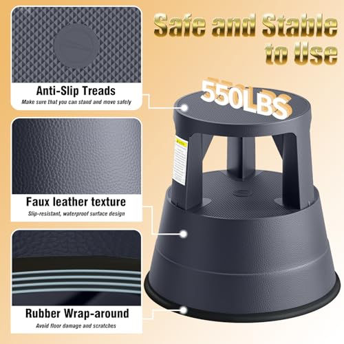 FurniCleevor Retractable Wheel Rolling Step Stool - 550lbs Capacity, Non-Slip Platform, Black - Variation 1