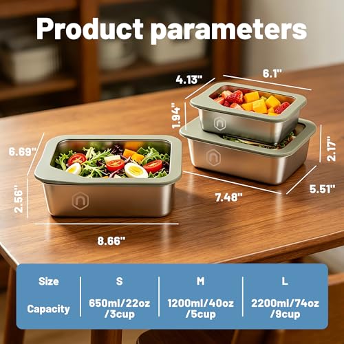 NAYELF 3-Piece Stainless Steel Food Storage Set with Glass Lids - 22/40/74oz Airtight Meal Prep Containers