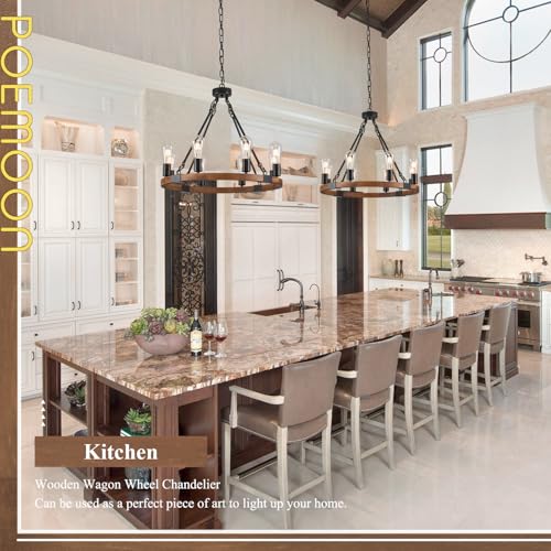 Farmhouse Wooden Wagon Wheel Chandelier 8-Light Fixture - Walnut, 23.6"