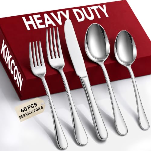 KIKCOIN 40 Pack Silverware Set for 8 - Food-Grade Stainless Steel Flatware, Utensil Set for Home & Restaurant