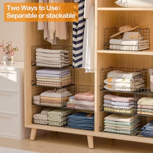 6-Tier Stackable Closet Organizer Bins - Foldable Clothes Storage Shelf, Black