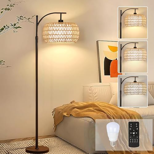 Yellow Rattan Boho Floor Lamp with Remote Control Dimmable LED Tall Lamp for Living Room