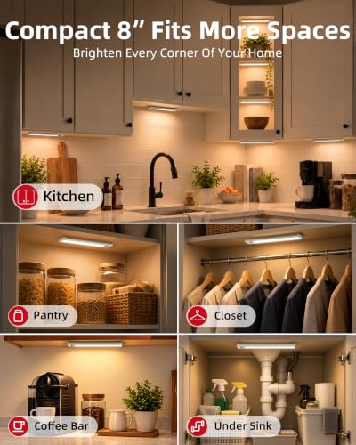 8 Inch Motion Sensor Under Cabinet Lighting Set - Rechargeable, Bright LED, Dimmable