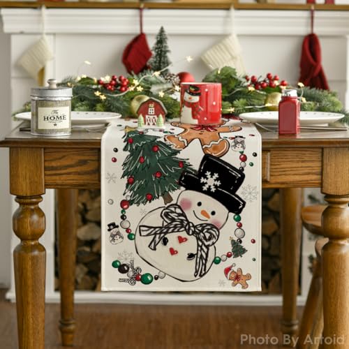 Artoid Mode Snowman Gingerbread Table Runner 13x108 Inch Home Holiday Decor Beige