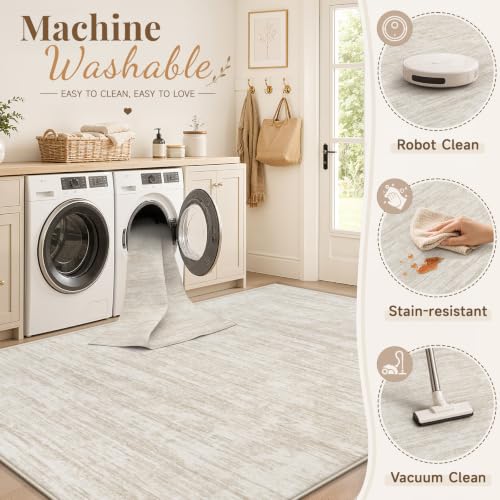 Beige 6' x 9' Washable Modern Abstract Area Rug Non Slip Indoor Carpet for Living Room