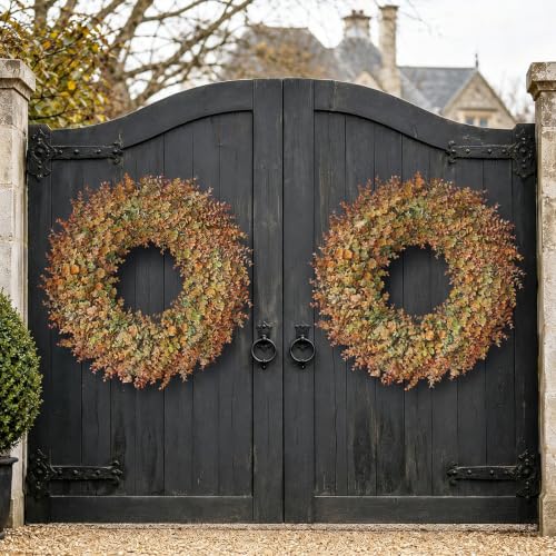 32-Inch Large Fake Eucalyptus Fall Wreath for Front Door Decor - Orange Green