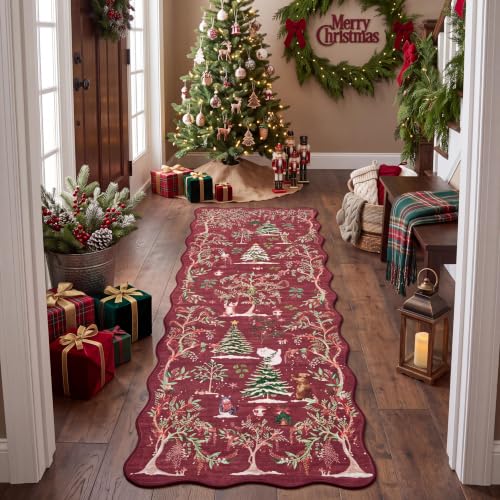 Garvee Xmas Runner Rug 2x8 Non Slip Christmas Scalloped Entryway Rugs