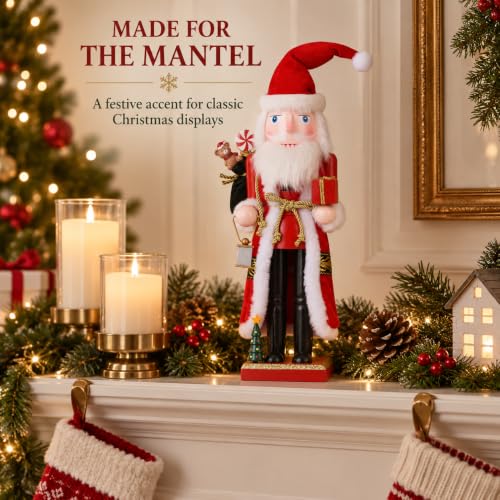 15-Inch Wooden Santa Nutcracker with Gift Sack and Lantern