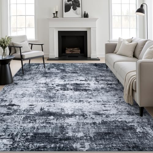 FXRHLP 6x9 Black Washable Indoor Area Rug for Living Room, Modern Non-Slip Carpet