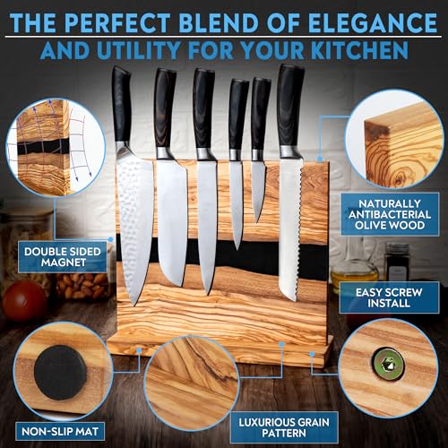 Black Olive Wood Magnetic Knife Block Stand - Holds 18 Knives & Kitchen Tools