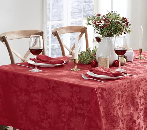 Newbridge Red Christmas Carol Damask Rectangular Tablecloth 120x60 Inch - Holiday Wrinkle-Free Fabric Cover