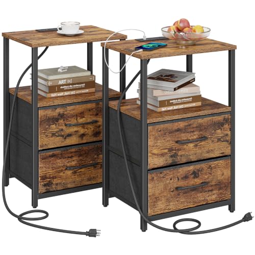 Set of 2 Nightstands with Charging Station Brown - End Tables with USB & AC Outlets