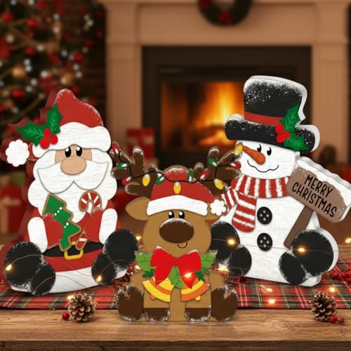Merry Christmas Wooden Decorations Set - 3 Pcs Rustic Table Centerpieces