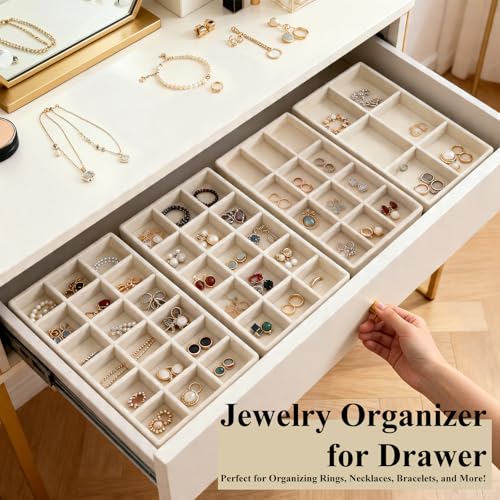 BHUWRY Beige Velvet Jewelry Organizer Trays 24 Pack Stackable Drawer Inserts