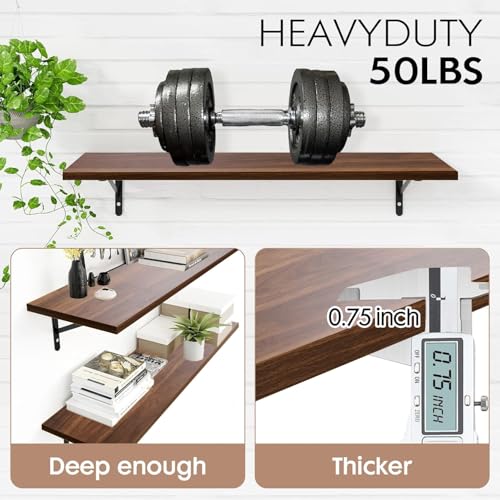 Walnut 45-Inch Long Floating Shelves Set of 2 - Deep Wall Mounted Open Storage