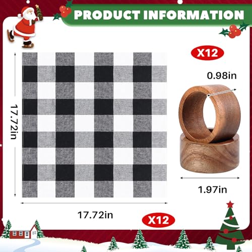 Preboun Black and White Cloth Napkins Set of 12 with Wooden Rings - 18x18 Inch Holiday Table Decor