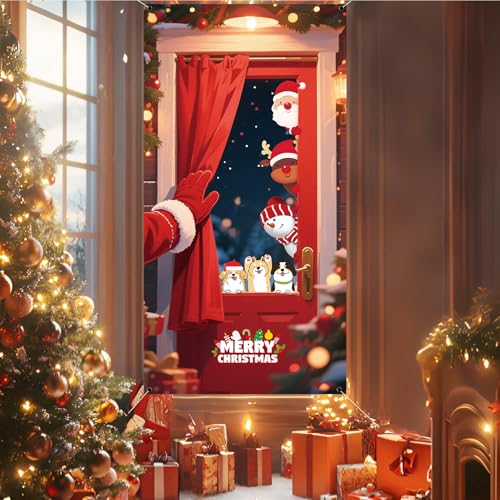 Christmas Snowman & Dog Door Cover - Red Holiday Porch Sign 71x35in