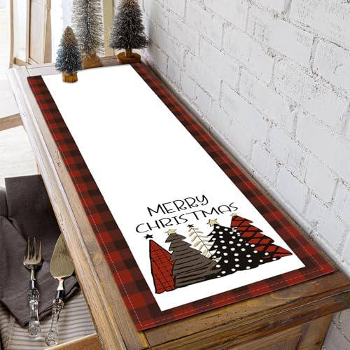 Niviy 13 x 72 Inch Christmas Table Runner Burlap Linen with Buffalo Plaid Trees