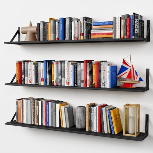 48 Inch Wall Floating Bookshelf - Rustic Black Wood Shelving for Living Room