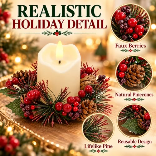 Ringwreath-6pc Candle Ring Wreaths for Tables, Faux Pine Cones, 6.5cm dia, Flameless Compatible (MERRI GLOW)