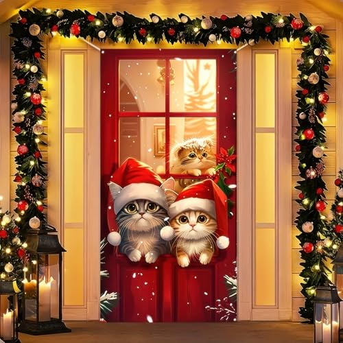 Merry Christmas Door Cover Cute Cat Printed Hanging Door Banner with White Rope Christmas Photo Booth Background Props for Winter Party Holiday Xmas Eve Porch House 71 x 35 Inches