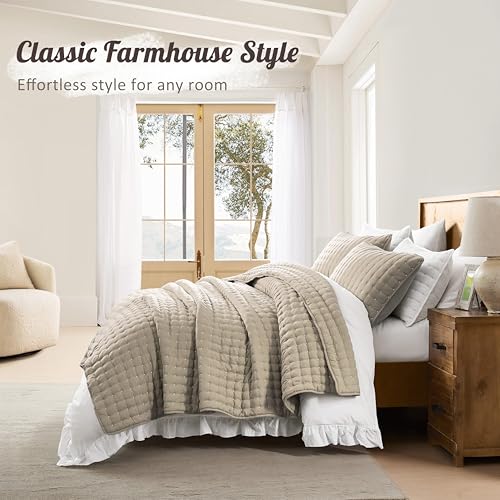 Oversized King Quilt Set - Deep Beige with White Cross Stitching, 116x106 inches, Microfiber