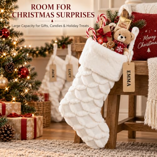 AISENO 3-Pack 20 Inch White Faux Fur Christmas Stockings with Cable Knit - Knitted Holiday Decor