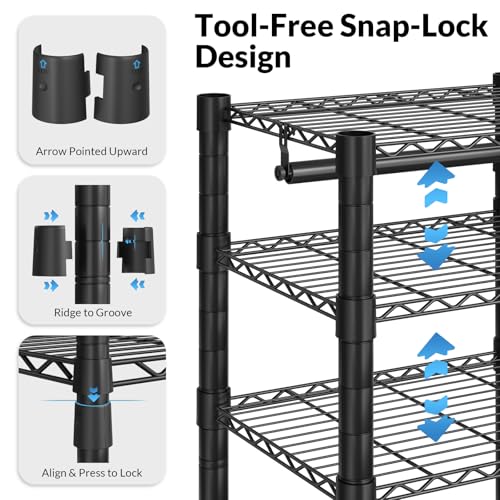 Black Heavy Duty Clothes Rack with 8 Shelves & 4 Adjustable Hangers - Industrial Metal Closet Organizer