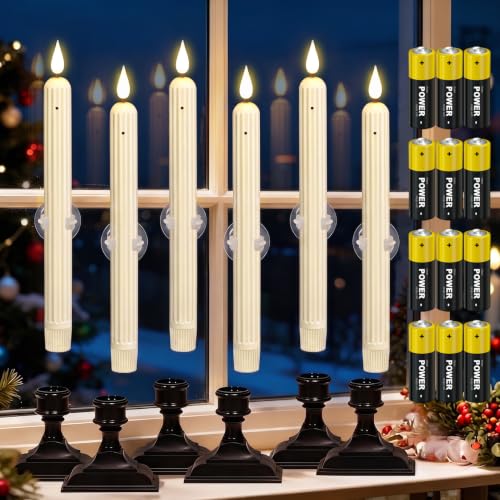 GenSwin C-Ivory 6 Pack Window Flameless Taper Candles with Dusk to Dawn Sensor